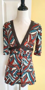 FREDERICK'S of HOLLYWOOD Brown/Blue Retro Print Braided Empire Waist Knit Top, S - Picture 1 of 5