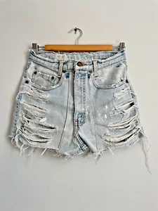 Vintage Reworked super Bleached Levi's Denim shorts Ultra distressed + Slashed - Picture 1 of 11