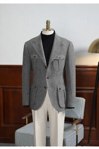 Men's Grey Tweed Suits Herringbone Safari Jackets Causal Vintage Formal Tuxedos