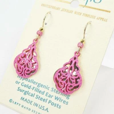 Pendientes Adajio Lágrima Chapada en Oro Brillante con Remolinos Rosados Superpuestos Hechos a Mano EE. UU. Foto 1 de 4