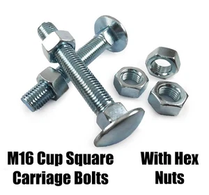 M16 Cup Square Carriage Bolts With Hex Nuts Coach Screw Zinc Plated TIMco DIN603 - Picture 1 of 3
