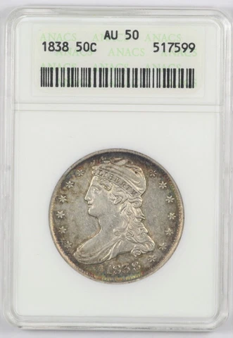 ANACS AU50 1838 Capped Bust US Silver Half Dollar 50C OLD HOLDER Cover
