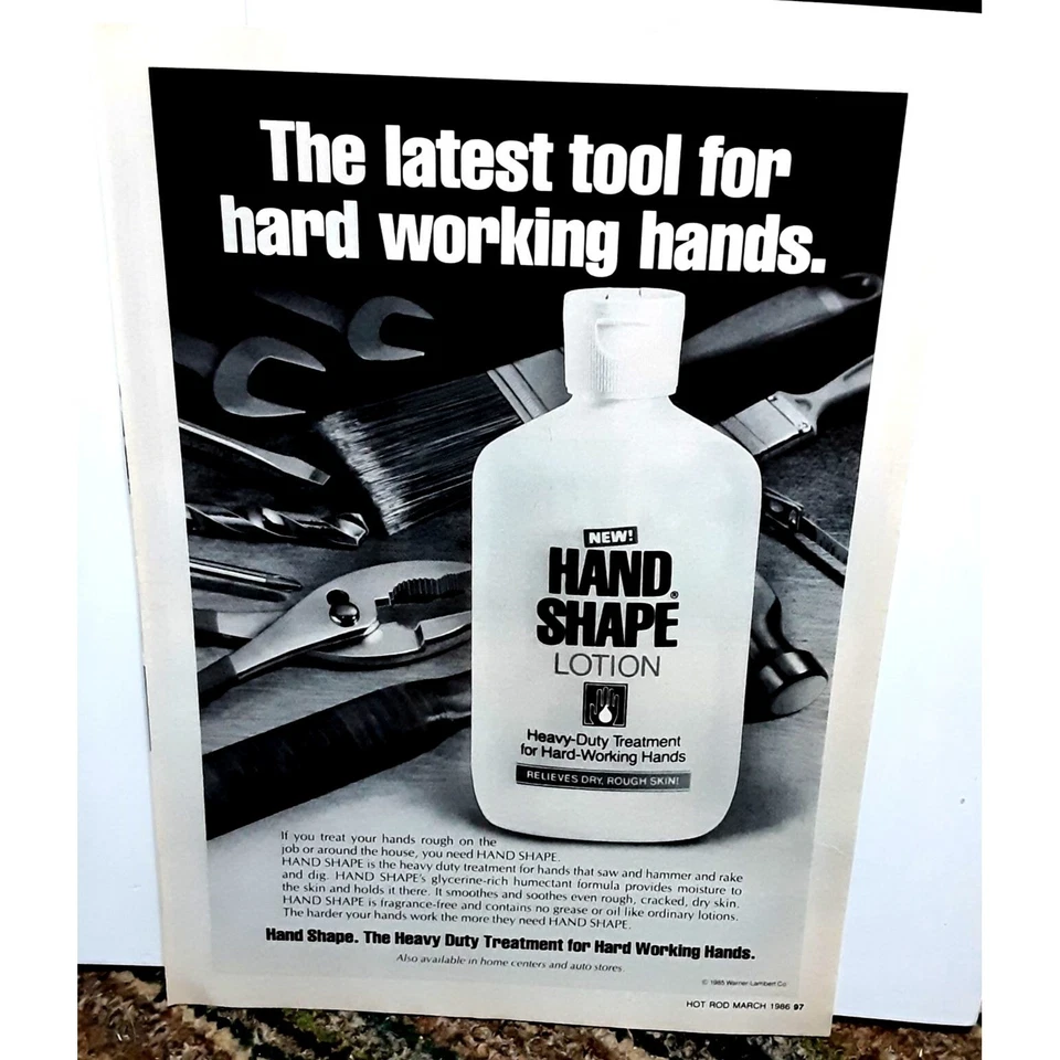 Loción en forma de mano 1986 vintage manos trabajando anuncio impreso eferma original Foto 1 de 1