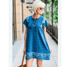 Abito Ann Taylor LOFT cotone grande blu ricamato nappa cravatta manica corta boho - Foto 1 di 13