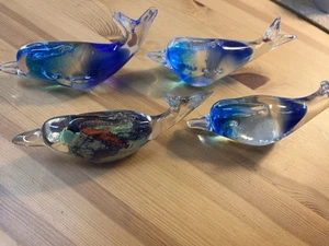 4 Blown Art Glass Figurine Dolphin Blue & Clear Glass Nautical Decoration Ocean - Picture 1 of 6