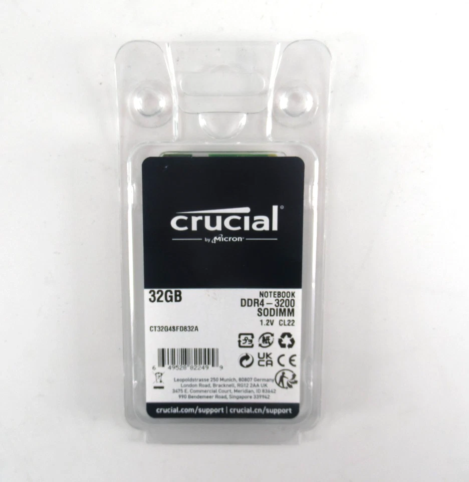 32GB SODIMM 2Rx8 PC4-25600 DDR4 3200MHz 260 Pin 1.2V CL22 Memory - CT32G4SFD832A - Image 1 of 1