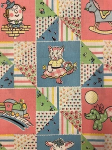 Vtg Patchwork Nursery Cheater Pastel Fabric 4 Yards Cat Dog Lamb Humpty Train - Picture 1 of 17