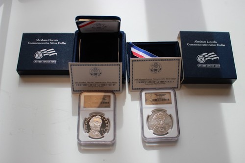 2009 P Abraham Lincoln Silver Dollar 2 Coin Set PR69UC & MS69 with Box ...