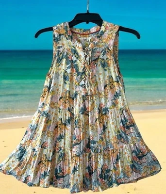 Top Anthropologie Floreat Floral Sin Mangas en Niveles Talla 4 Con Cordones Multicolor Foto 1 de 4