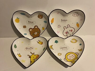 Unbranded Cute Heart Shaped 6”H x 7”L Plates Lot if 4: Bunny Bear giraffe Monkey - Image 1 of 4