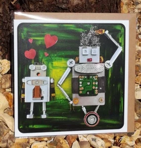 Quirky Humourous Blank Greeting Card Romantic Robots in Love Recycled Art - Picture 1 of 5