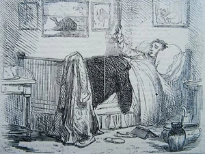 c1850 RINCONES Y ESQUINAS DE CARÁCTER - EL SOLTERO ENFERMO Estampado Antiguo Original - Imagen 1 de 3