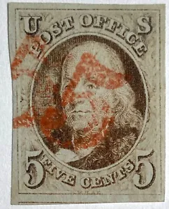 #1 Used w/ 2 Strikes of Red Numeral "5" Cancel, PF Cert for on Piece, PF#252976 - Picture 1 of 4
