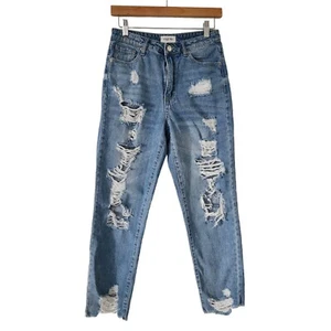 C'EST TOI Label Black High Rise Straight Leg Distressed Blue Jeans Women Size 3 - Picture 1 of 6
