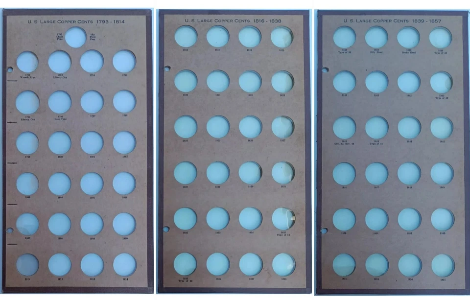 Lote de páginas de álbum de tablero de monedas de centavo grande Wayte Raymond 1793-1814 1816-1838 1839-1857 Foto 1 de 4