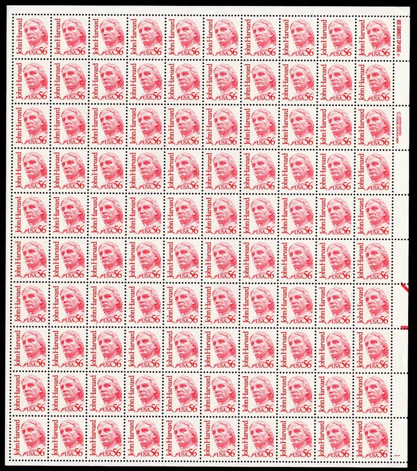 Scott #2190 John Harvard Sheet of 50 Stamps - MNH P#1 LR - Image 1 of 1
