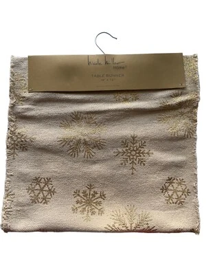 NEW Nicole Miller Home Christmas Winter Table Runner Gold Snow Flakes Raw Edges - Image 1 of 4