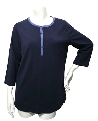Camisa Top Isaac Mizrahi M Tejida Túnica Henley Azul Marino Pullover 3/4 Slv Deportiva Foto 1 de 4