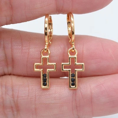 18K Yellow Gold Filled Women Fashion Rose Red Topaz Cross Drop Earrings Jewelry - Image 1 of 3