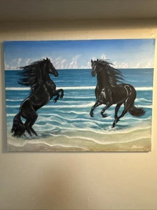 Canvas Print Black Horses Running on Beach Ocean Signed José Francisco 40x30 - Picture 1 of 8