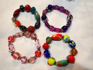 LOT OF 4 ARTISTIC glass FLORAL BEADS Stretch BRACELETS pink purple red blue - Picture 1 of 6