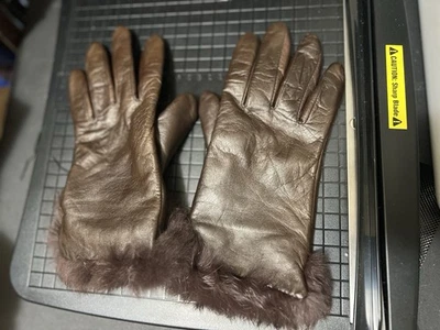 Vintage Brown Leather Gloves with Rabbit Fur Size Medium - Image 1 of 4