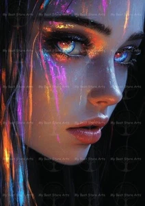 CYBERPUNK WOMAN FACE ART PRINT, Sci-fi Fantasy Poster, Futuristic Female Decor - Picture 1 of 2