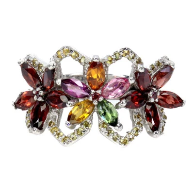 925 Anello Argento Sterling Marquise Tormalina Zaffiro Naturale Gemma Gioielli - Immagine 1 di 4