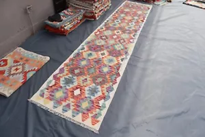 3x13 ft Long Kilim Runner, Beige Purple Red Blue Afghan Handmade Wool Runner rug - Picture 1 of 15