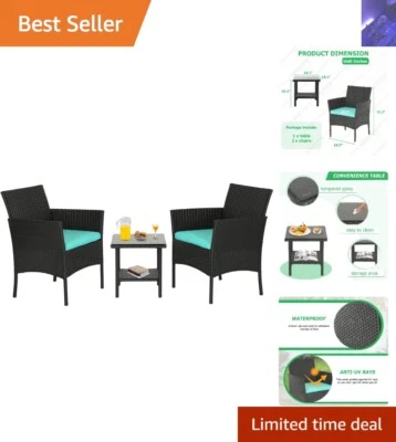 Stylish PE Rattan Bistro Chairs with Blue Cushions and Glass Coffee Table - Image 1 of 4