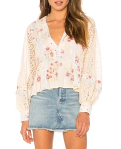 Free People Boogie All Night Blouson Sleeve Blouse Size M 12 14 Mirror Applique - Picture 1 of 12
