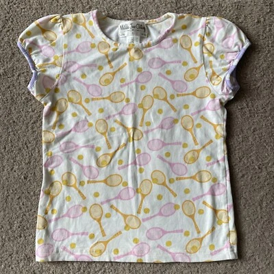 MATILDA JANE size 6 Girls Short Sleeve Yellow & Pink Tennis Racquet Shirt EUC - Image 1 of 4