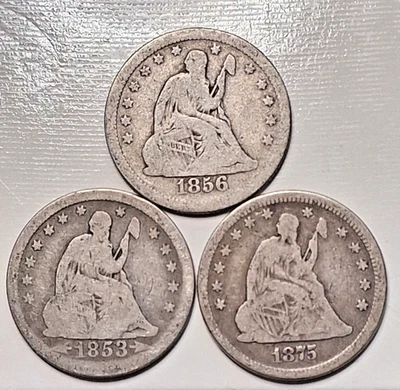 Seated Liberty Quarters Lot of 3 - 1853 w/ Arrows, 1856, 1875 - Image 1 of 2