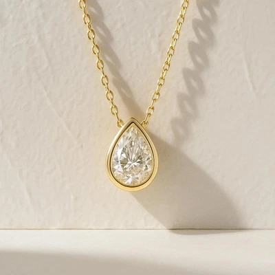 Certified F/VS 1Ct Pear Shape Lab Grown Diamond Pendant 14k Yellow Gold Necklace - Image 1 of 4