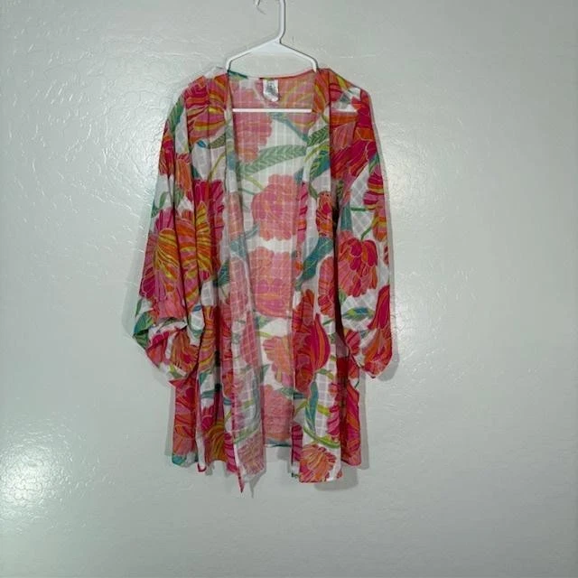 Trina Turk Kimono Womens L XL Multicolor Sheer Floral Beach Cover Up Boho - Image 1 of 4
