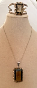 Set bracciale e pendente vintage modernista topazio fumé argento sterling Messico - Foto 1 di 15