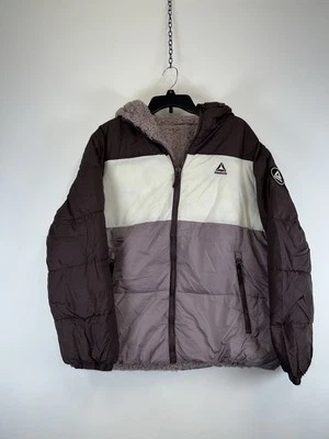 Reebok Jacket Mens XL Brown Ivory Hooded Puffer Sherpa Lined Winter Coat Warm - Image 1 of 4
