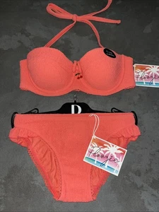Französischer Damen-Bikini korallefarben strukturiert Kirsche Floozie Frost Größe 8 Unterteil 32B Oberteil - Bild 1 von 7