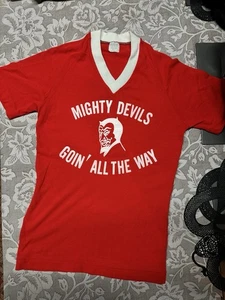Vtg 70s V Neck Knit Orlon Acrylic Sweater Mighty Devils Going All The Way Shirt - Picture 1 of 12