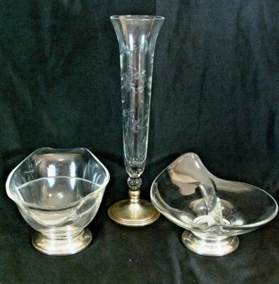 Plato de vidrio dividido y flauta tostadora con base de plata esterlina WEB & otros vintage Foto 1 de 4