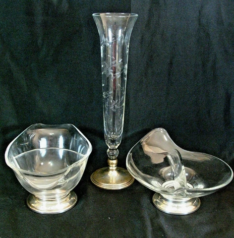 Vintage WEB & Others Sterling Silver Base 2 Divided Glass Dish & Toasting Flute Cover