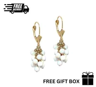 14k Yellow Gold Dangle White Opal Grape Leverback Earrings Gift - Image 1 of 2