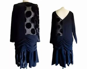 VTG 80s Mini Dress, Gathered Drop Waist w Short Skirt 1/2 Opaque Wool & Velvet M - Picture 1 of 12