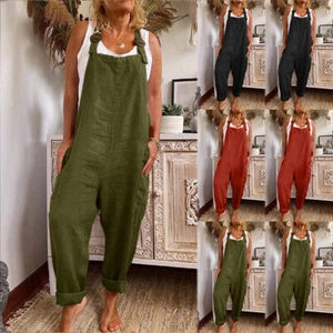 Womens Cotton Linen Strappy Dungarees Jumpsuit Ladies Baggy Overalls Trousers - Picture 1 of 16