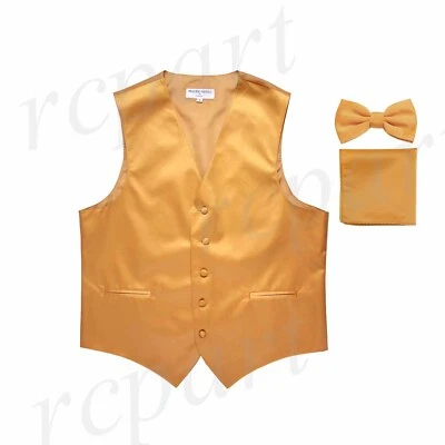 New Men's Gold formal vest Tuxedo Waistcoat_bowtie & hankie set wedding prom - Image 1 of 4
