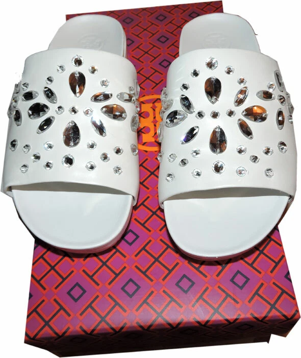 Tory Burch Brae White Leather Slide Sandals Flat Mules 10 Shoes
