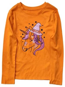 Girls Orange Sparkle Unicorn Witch Halloween T-Shirt Tee Shirt - Picture 1 of 2