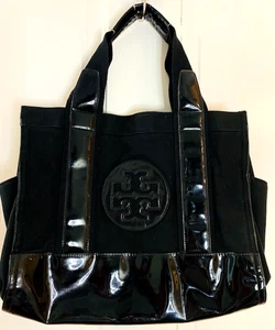Tory Burch Purse Tote Bag Shoulder Bag Black Big Logo, Canvas & Patten Leather - Picture 1 of 14