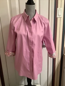 Chico’s Shirt 2 L 13/14 No Iron Pink Lilac Button Up Collared Contrast Cuffs - Picture 1 of 13