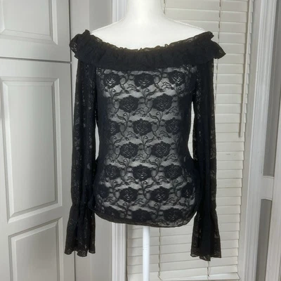 Blusa Express Y2K Negra Transparente Encaje Fuera del Hombro Talla M Sexy Manga Volantes Foto 1 de 4